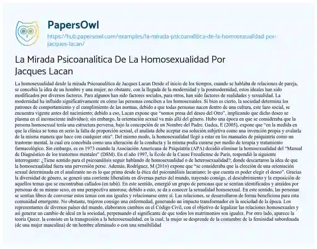 Essay on La Mirada Psicoanalítica De La Homosexualidad Por Jacques Lacan