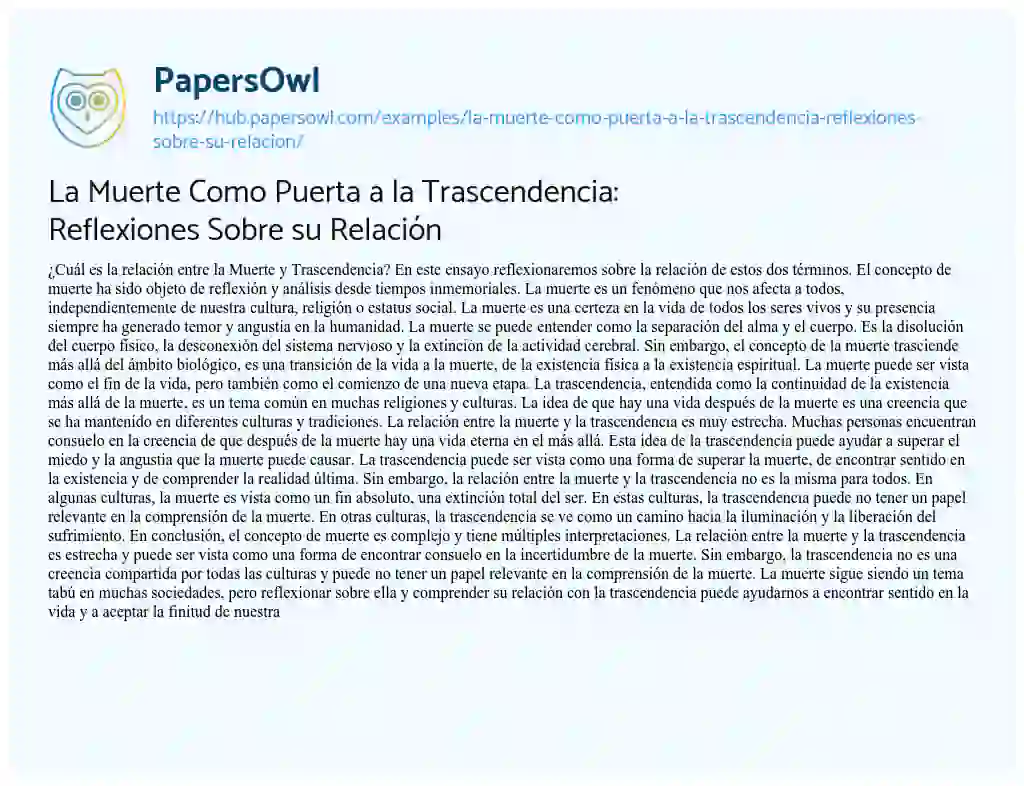 Essay on La Muerte Como Puerta a la Trascendencia: Reflexiones Sobre su Relación