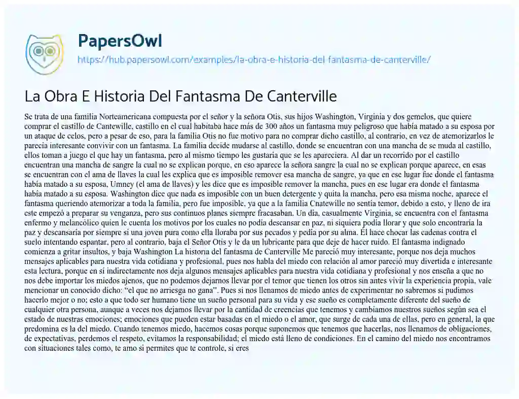 Essay on La Obra E Historia Del Fantasma De Canterville