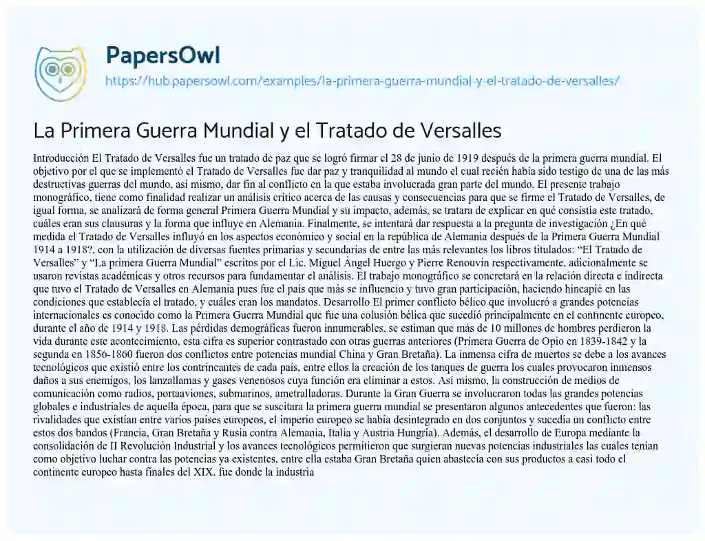 Essay on La Primera Guerra Mundial y el Tratado de Versalles