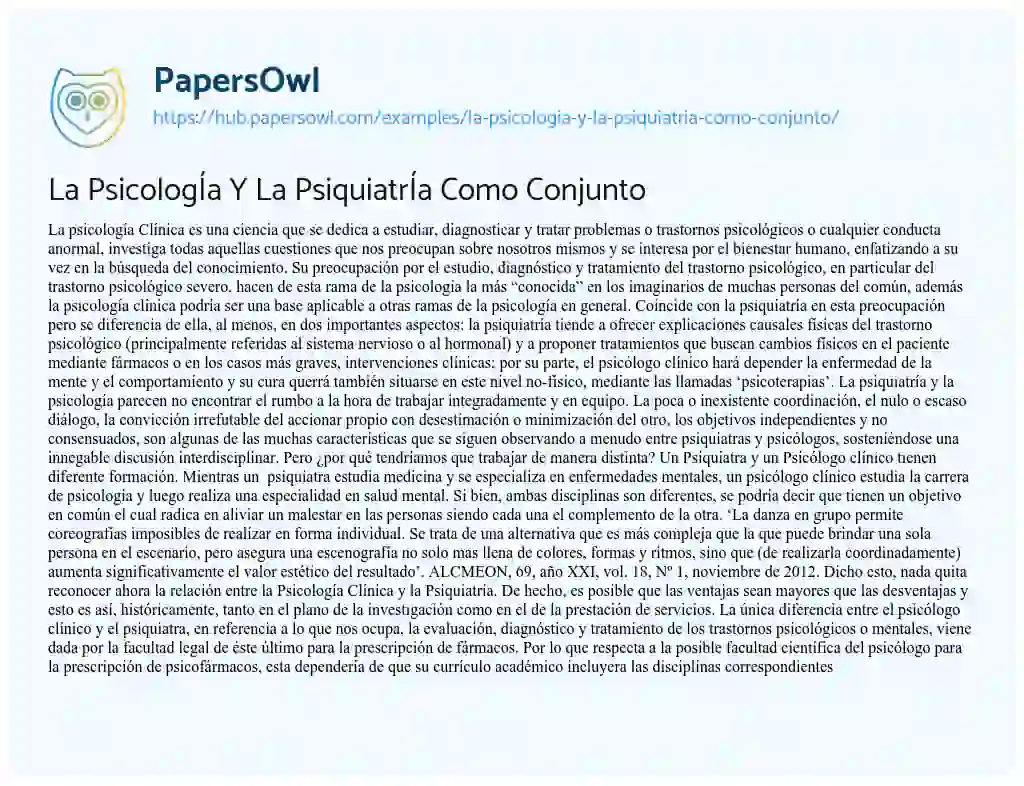 Essay on La PsicologÍa Y La PsiquiatrÍa Como Conjunto