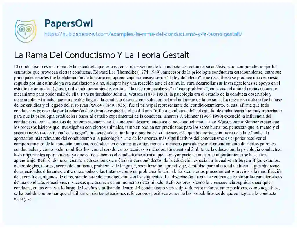Essay on La Rama Del Conductismo Y La Teoría Gestalt