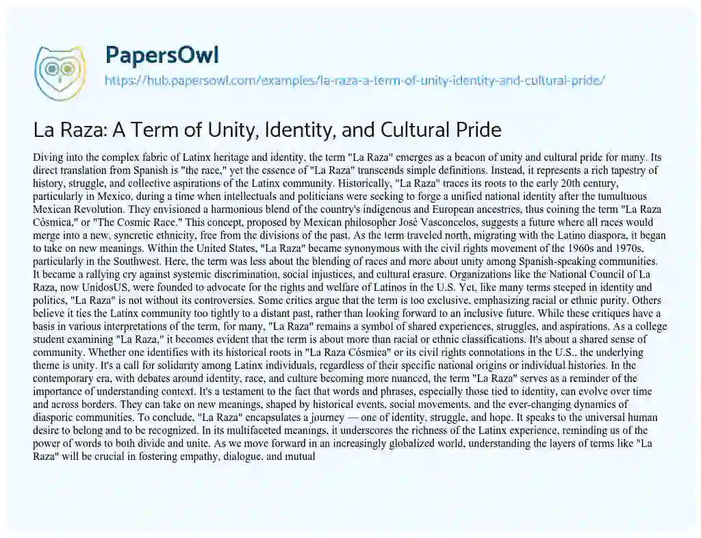 Essay on La Raza: A Term of Unity, Identity, and Cultural Pride