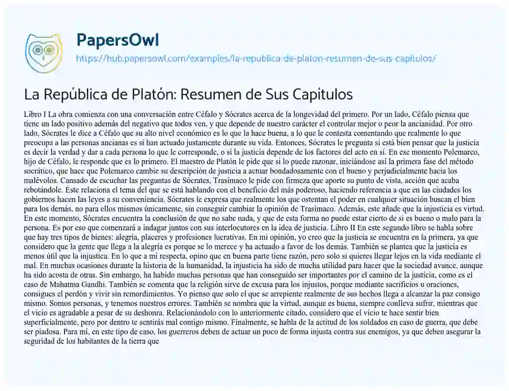 Essay on La República de Platón: Resumen de Sus Capítulos