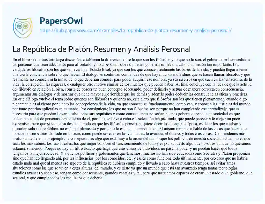 Essay on La República de Platón, Resumen y Análisis Perosnal
