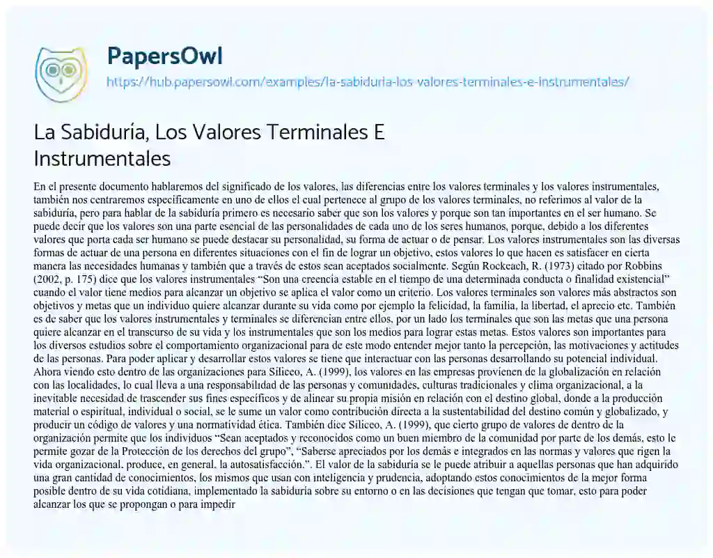 Essay on La Sabiduría, Los Valores Terminales E Instrumentales
