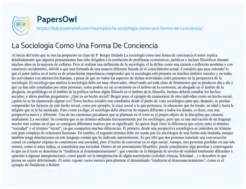 Essay on La Sociología Como Una Forma De Conciencia