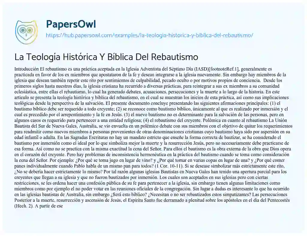 Essay on La Teología Histórica Y Bíblica Del Rebautismo