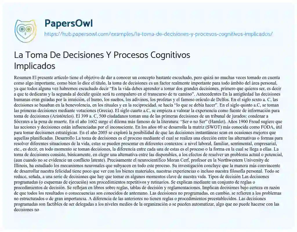 Essay on La Toma De Decisiones Y Procesos Cognitivos Implicados