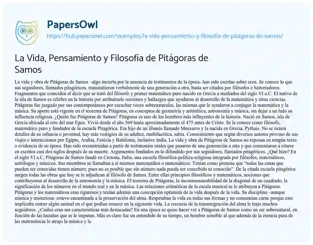 Essay on La Vida, Pensamiento y Filosofía de Pitágoras de Samos