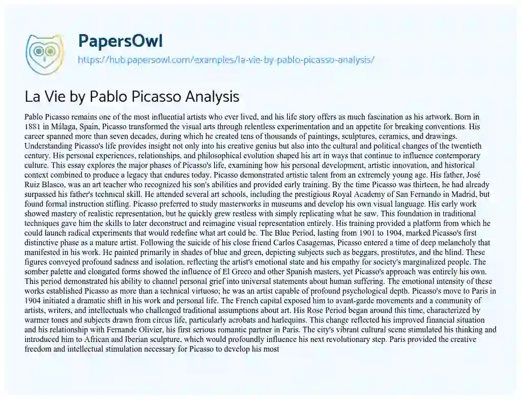 Essay on La Vie by Pablo Picasso Analysis