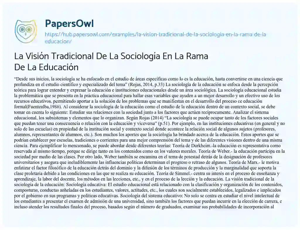 Essay on La Visión Tradicional De La Sociología En La Rama De La Educación
