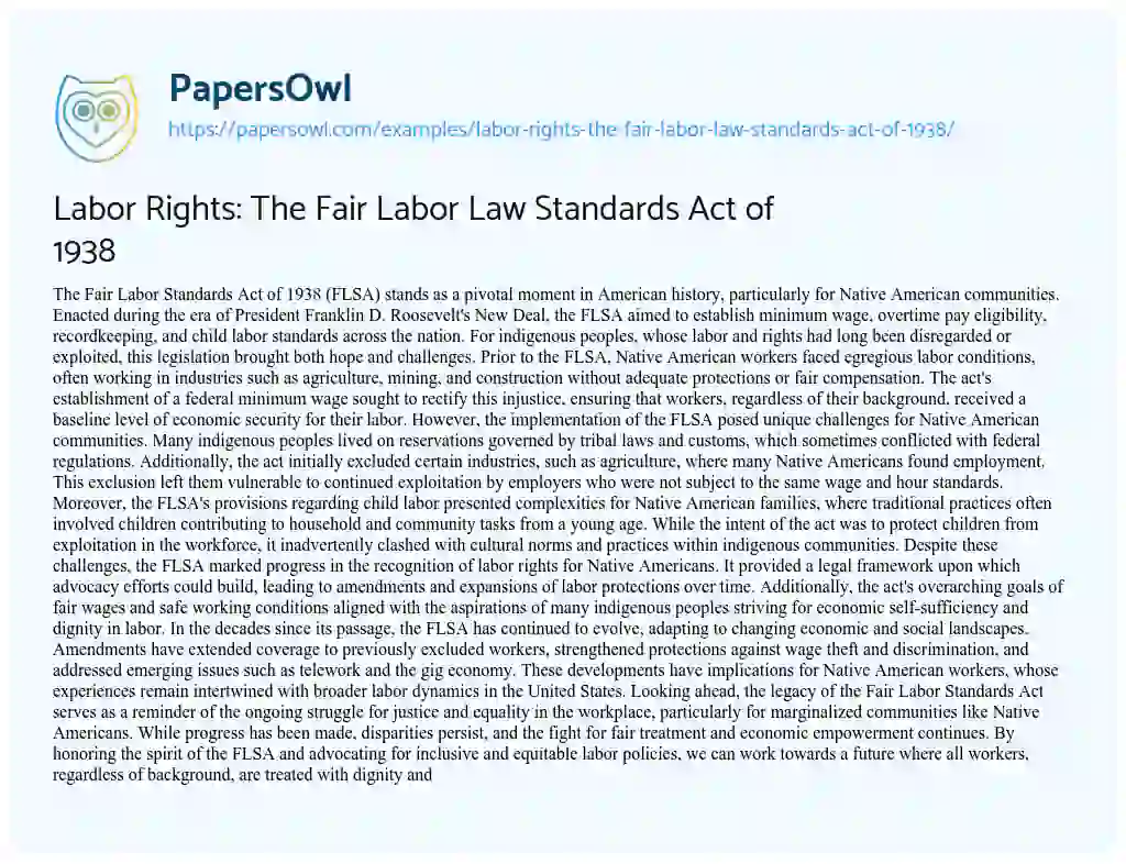 Essay on Labor Rights: The Fair Labor Law Standards Act of 1938