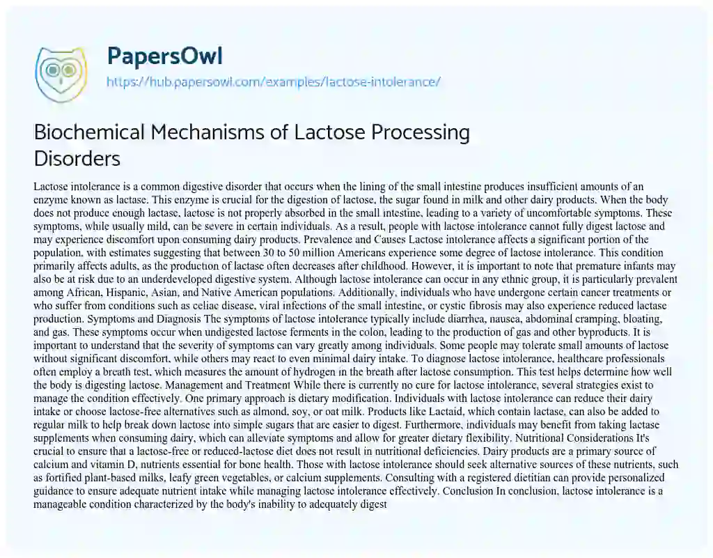 Essay on Biochemical Mechanisms of Lactose Processing Disorders
