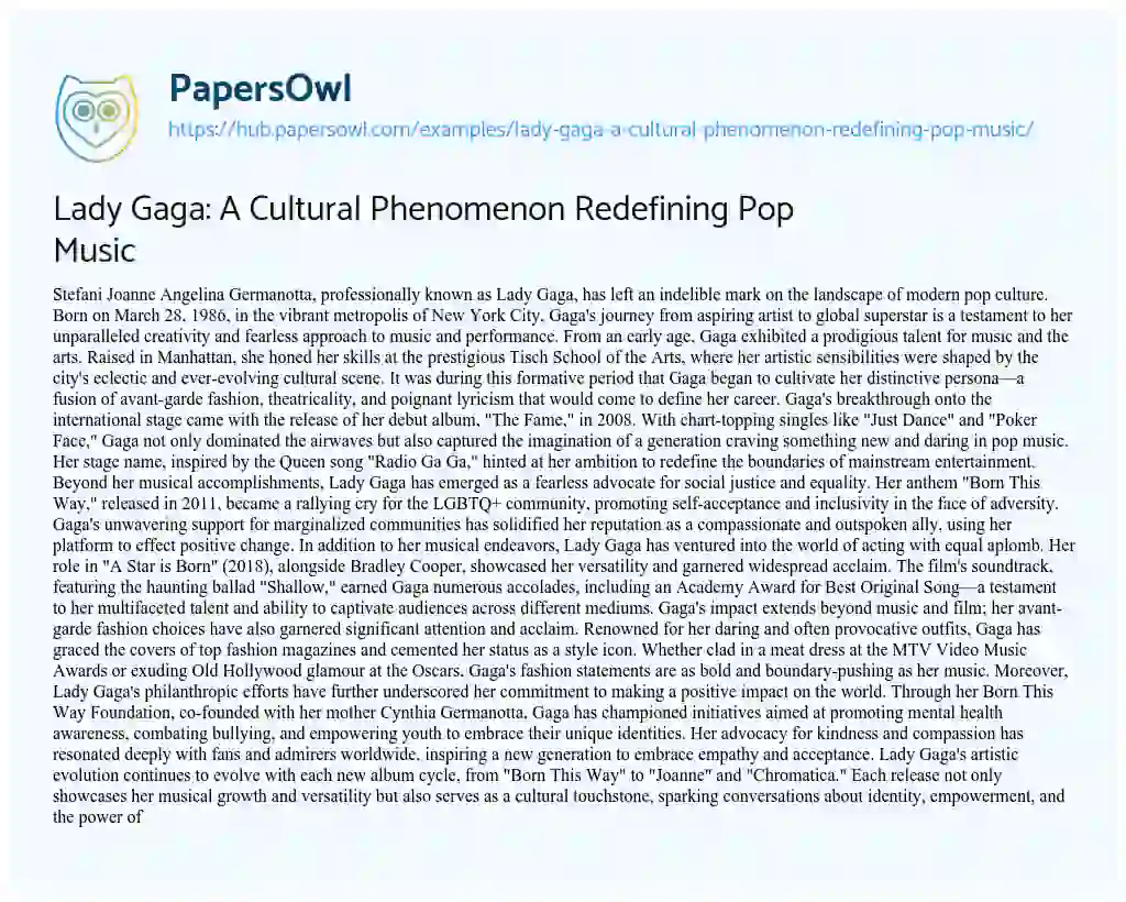 Essay on Lady Gaga: A Cultural Phenomenon Redefining Pop Music
