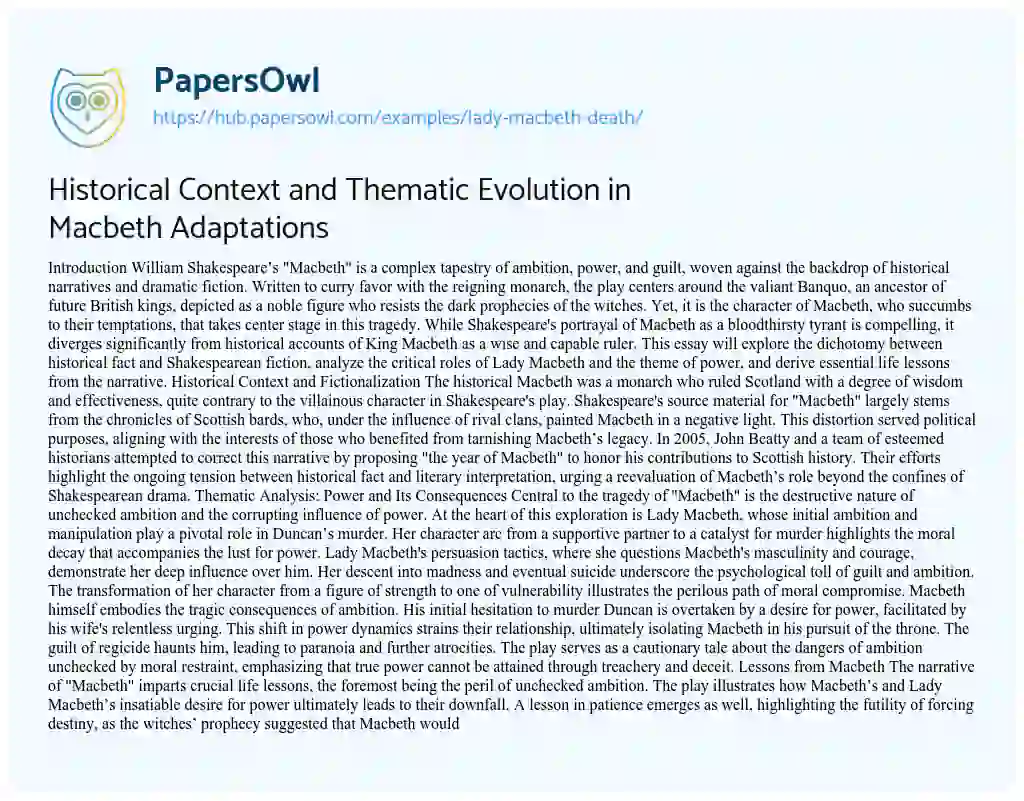 Essay on Historical Context and Thematic Evolution in Macbeth Adaptations