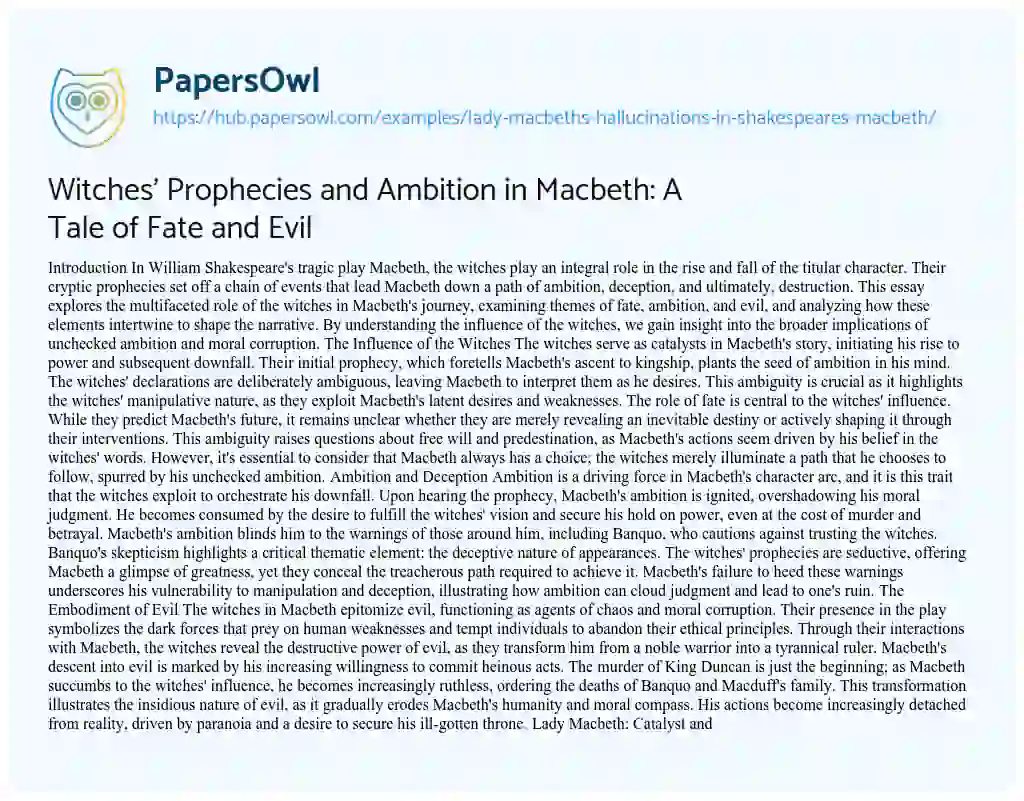 Essay on Witches’ Prophecies and Ambition in Macbeth: A Tale of Fate and Evil