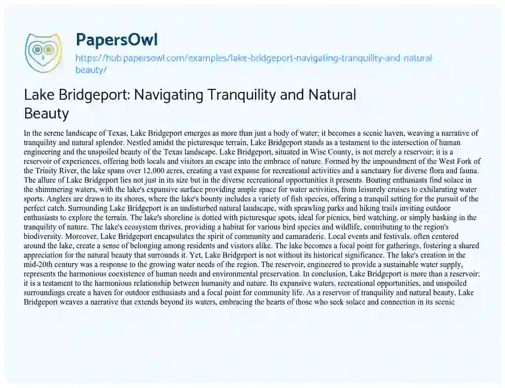 Essay on Lake Bridgeport: Navigating Tranquility and Natural Beauty