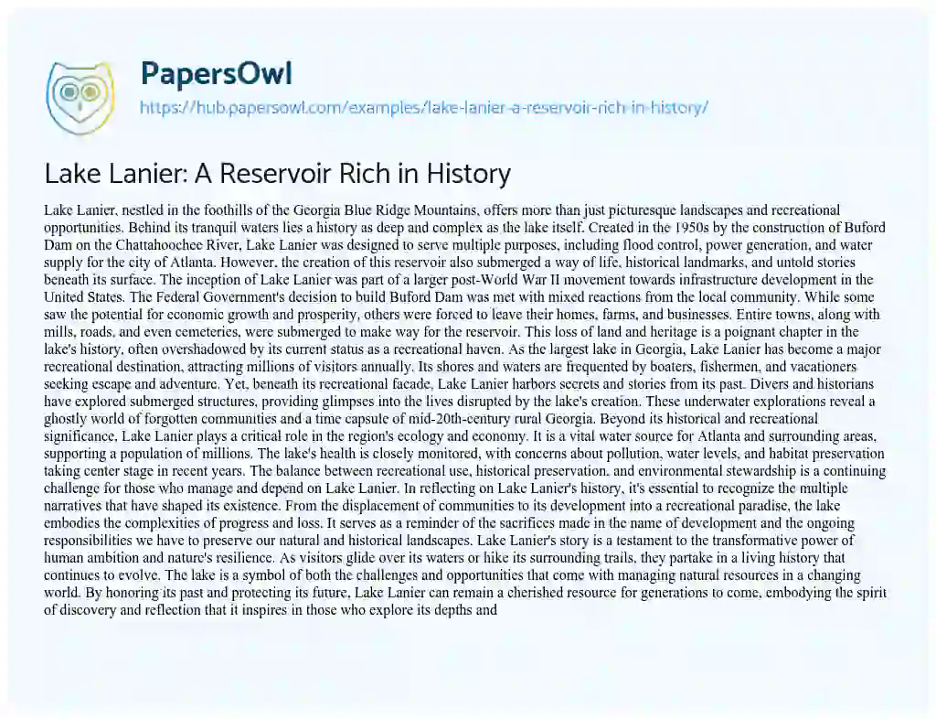 Essay on Lake Lanier: A Reservoir Rich in History
