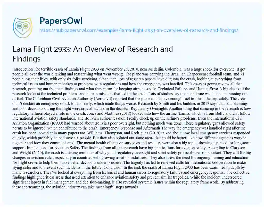 Essay on Lama Flight 2933: An Overview of Research and Findings