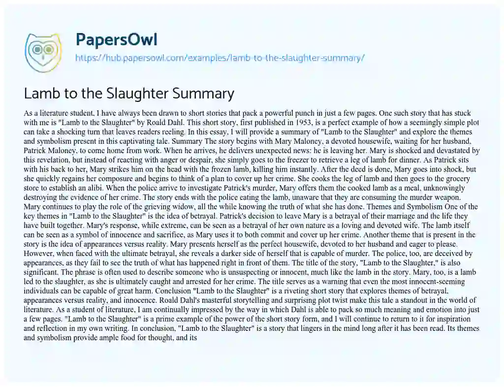 Essay on Lamb to the Slaughter Summary