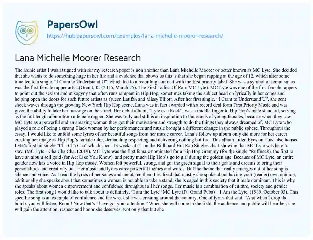 Essay on Lana Michelle Moorer Research