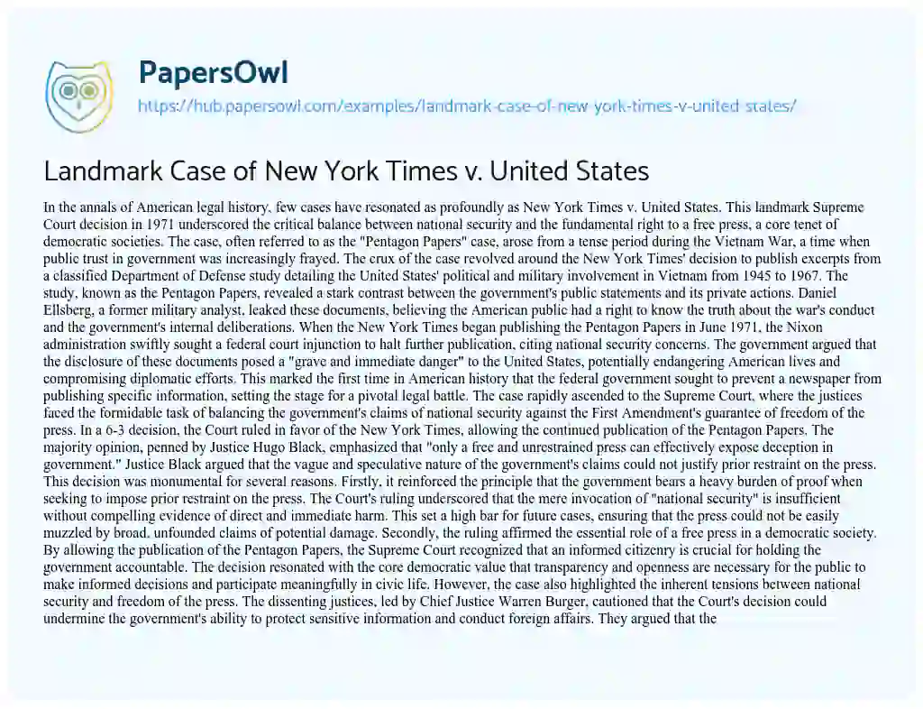 Essay on Landmark Case of New York Times v. United States