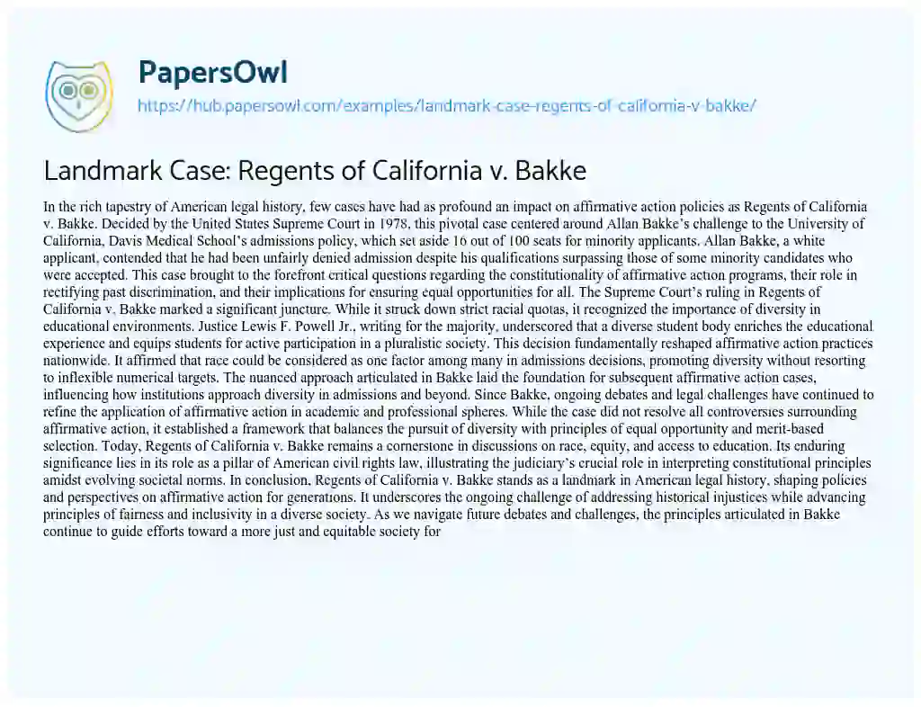 Essay on Landmark Case: Regents of California v. Bakke