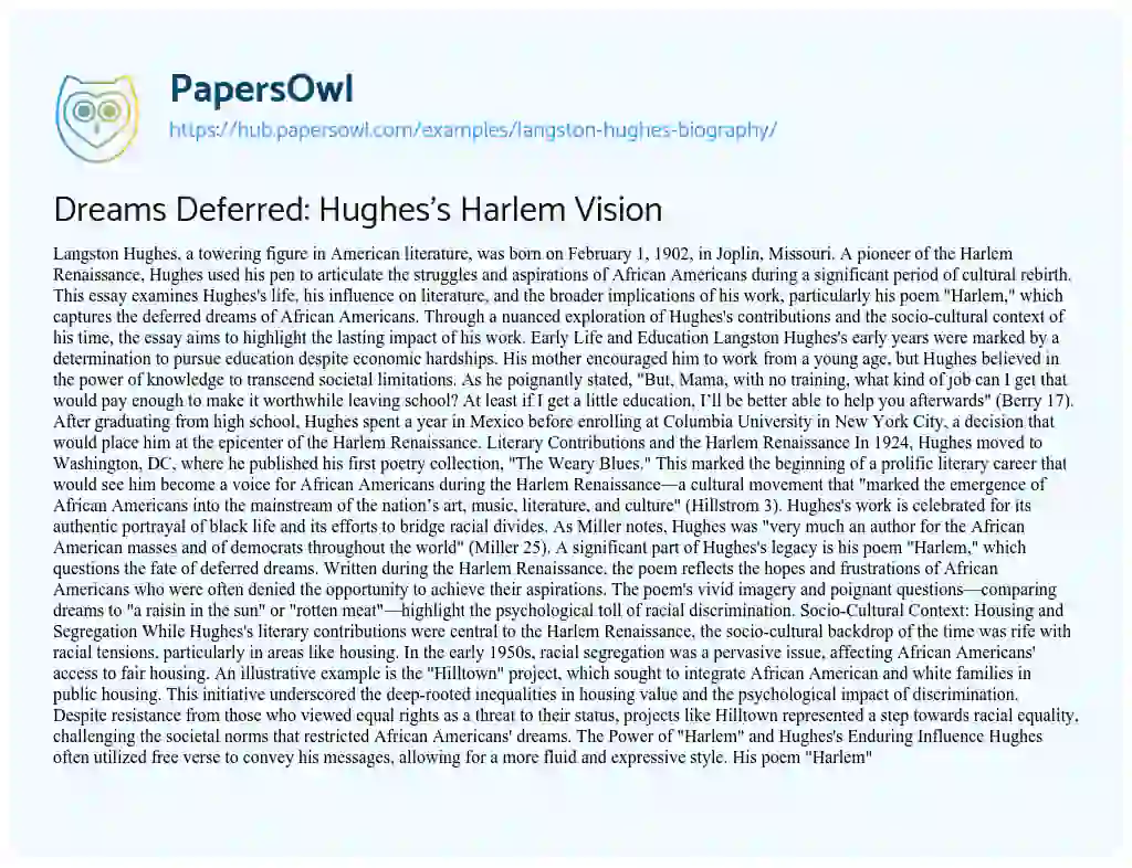 Essay on Dreams Deferred: Hughes’s Harlem Vision
