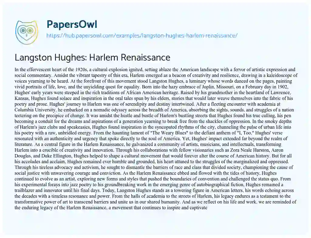 Essay on Langston Hughes: Harlem Renaissance