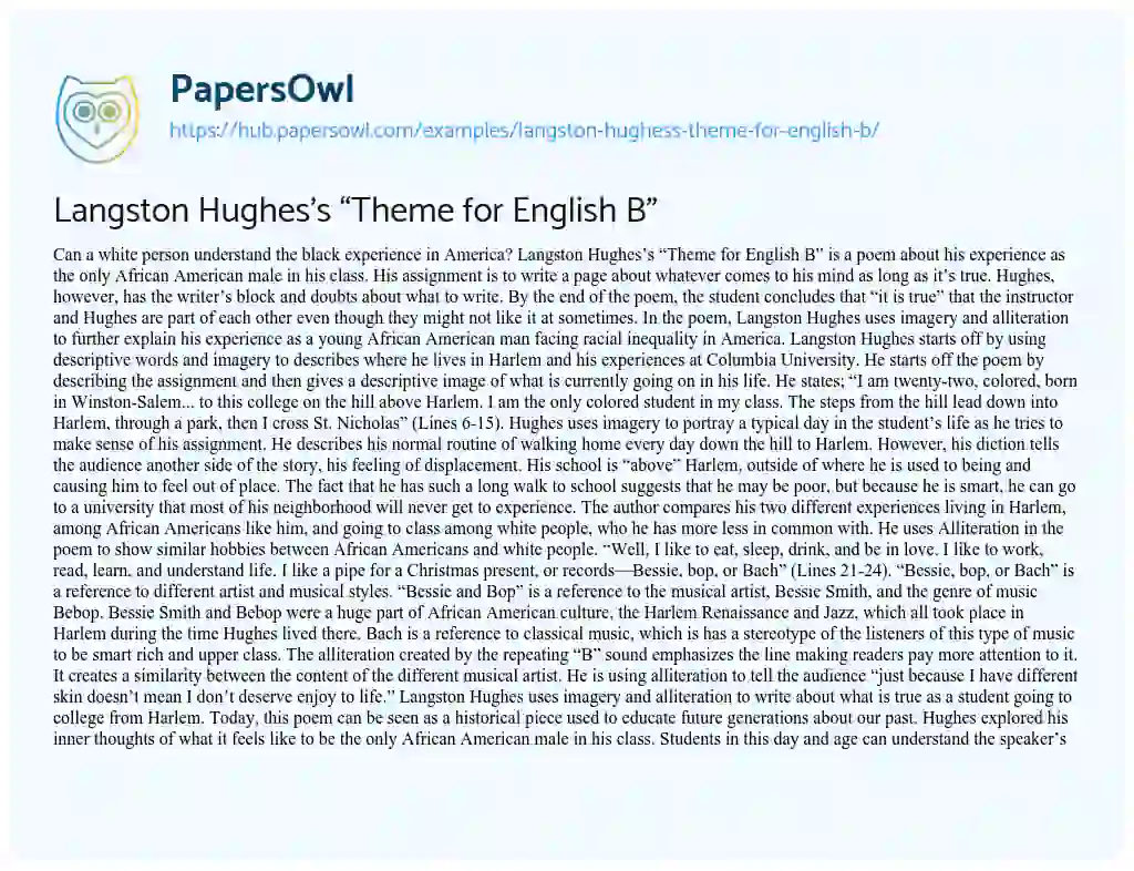 Essay on Langston Hughes’s “Theme for English B”
