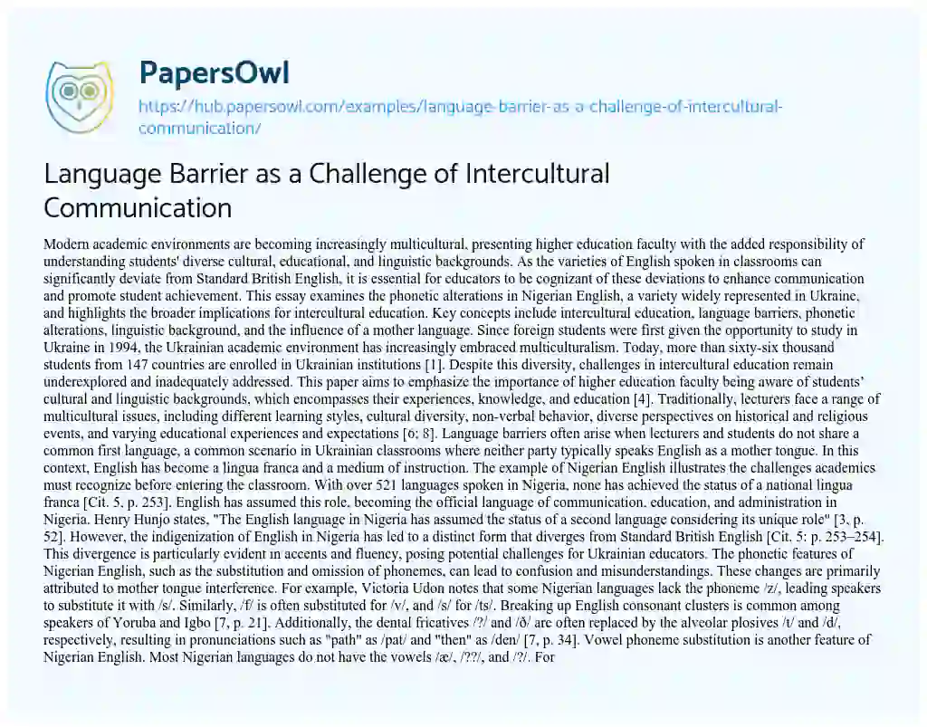 Essay on Language Barrier as a Challenge of Intercultural Communication