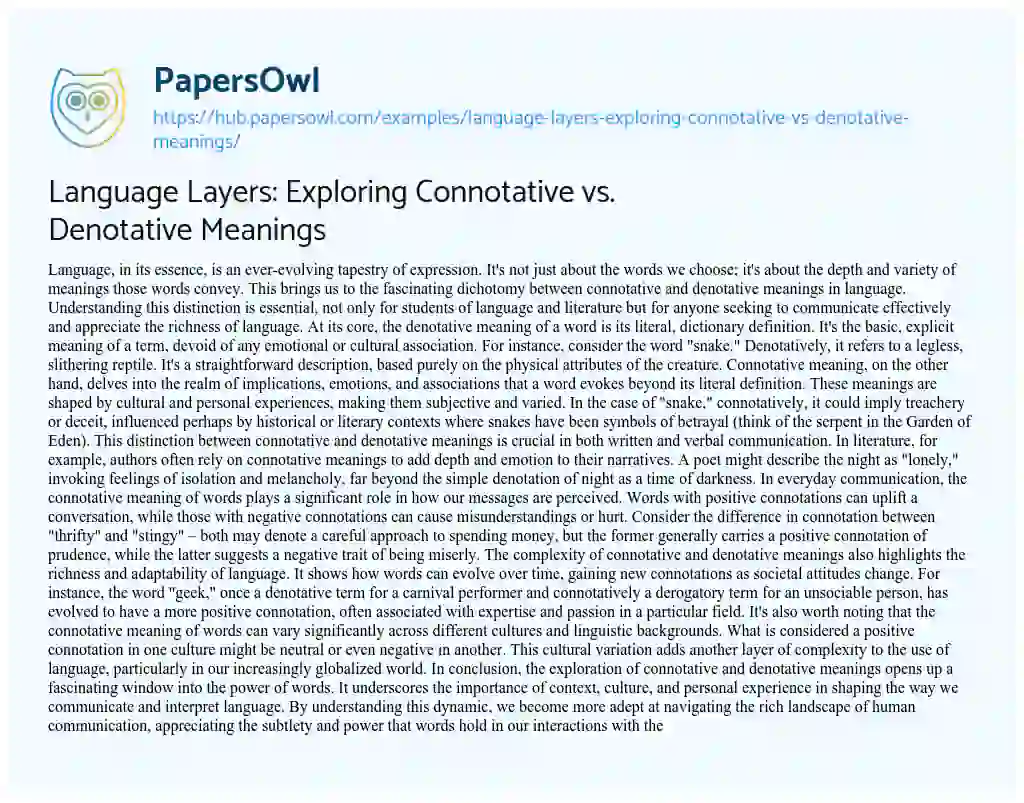 Essay on Language Layers: Exploring Connotative vs. Denotative Meanings