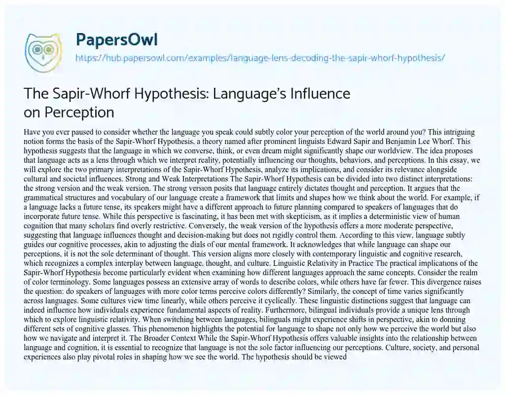 Essay on The Sapir-Whorf Hypothesis: Language’s Influence on Perception