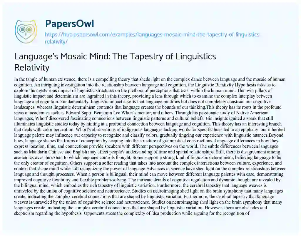 Essay on Language’s Mosaic Mind: The Tapestry of Linguistics Relativity