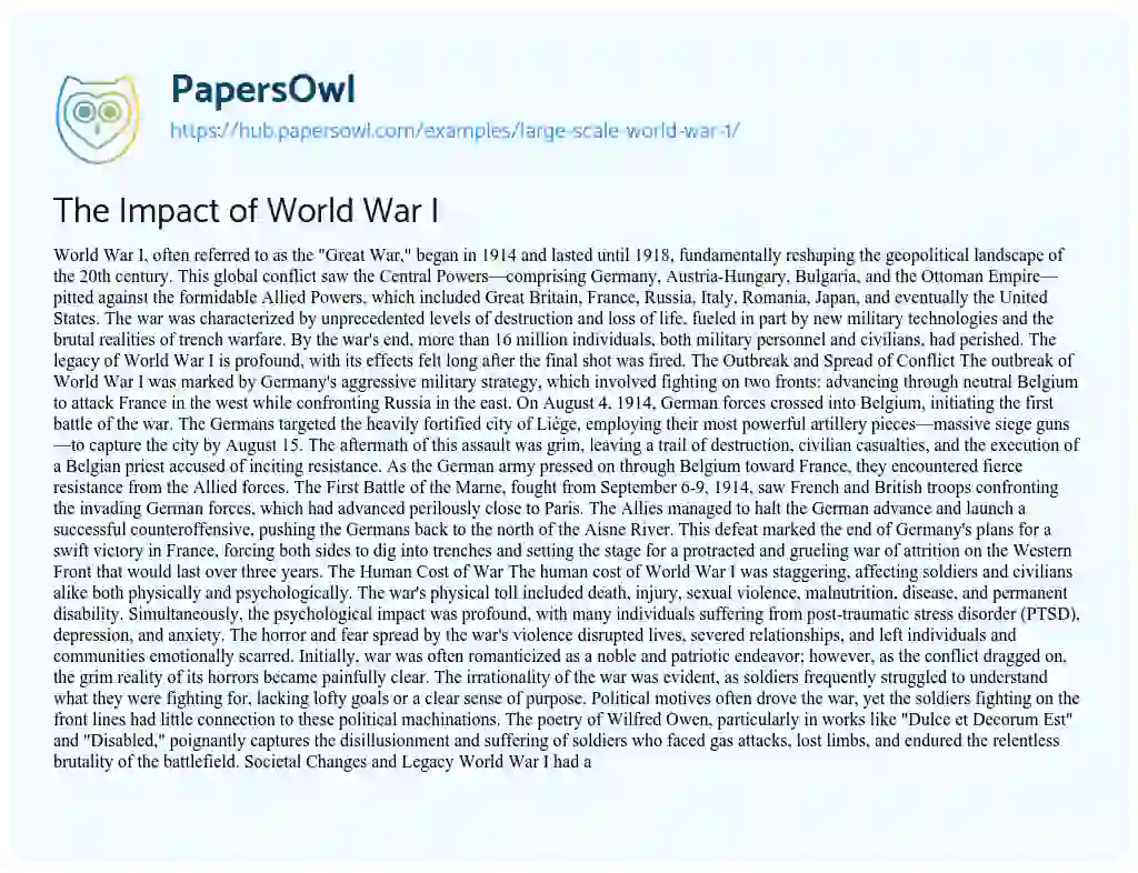 Essay on The Impact of World War I