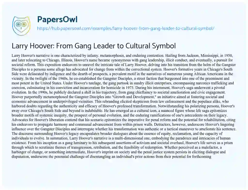 Essay on Larry Hoover: From Gang Leader to Cultural Symbol