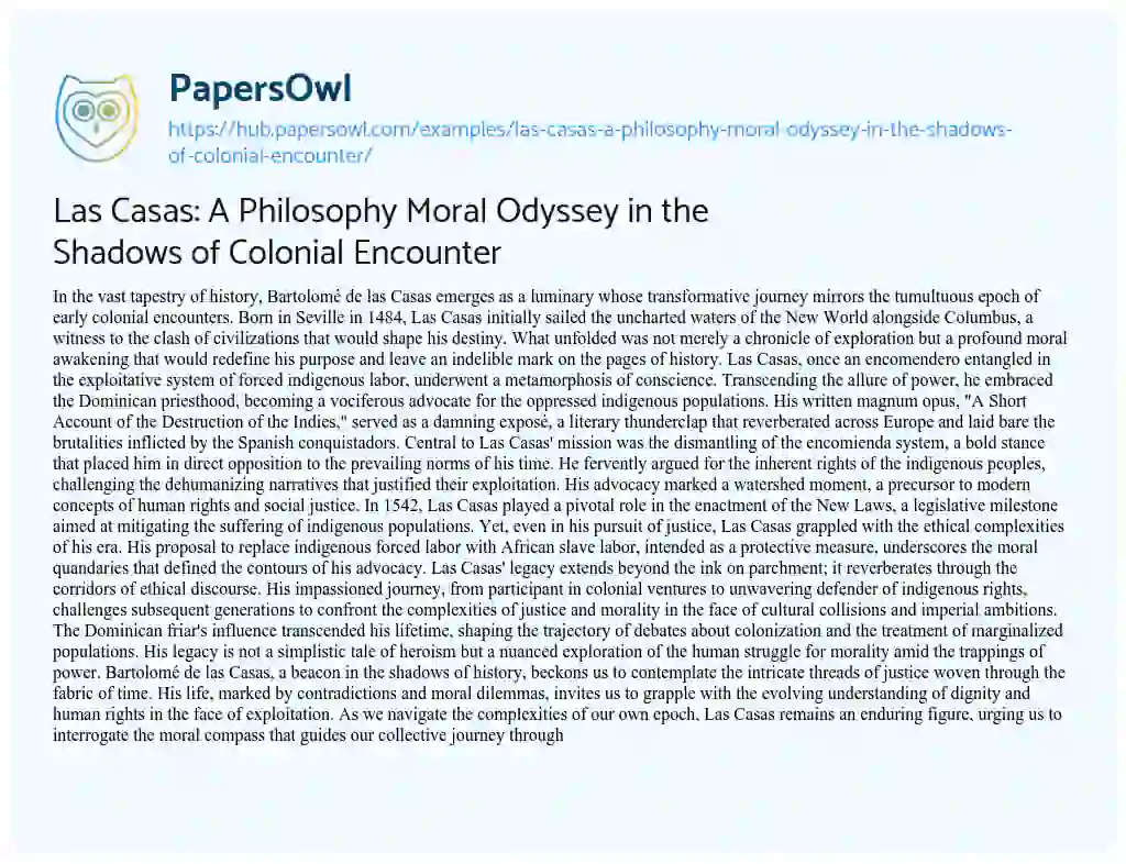 Essay on Las Casas: A Philosophy Moral Odyssey in the Shadows of Colonial Encounter