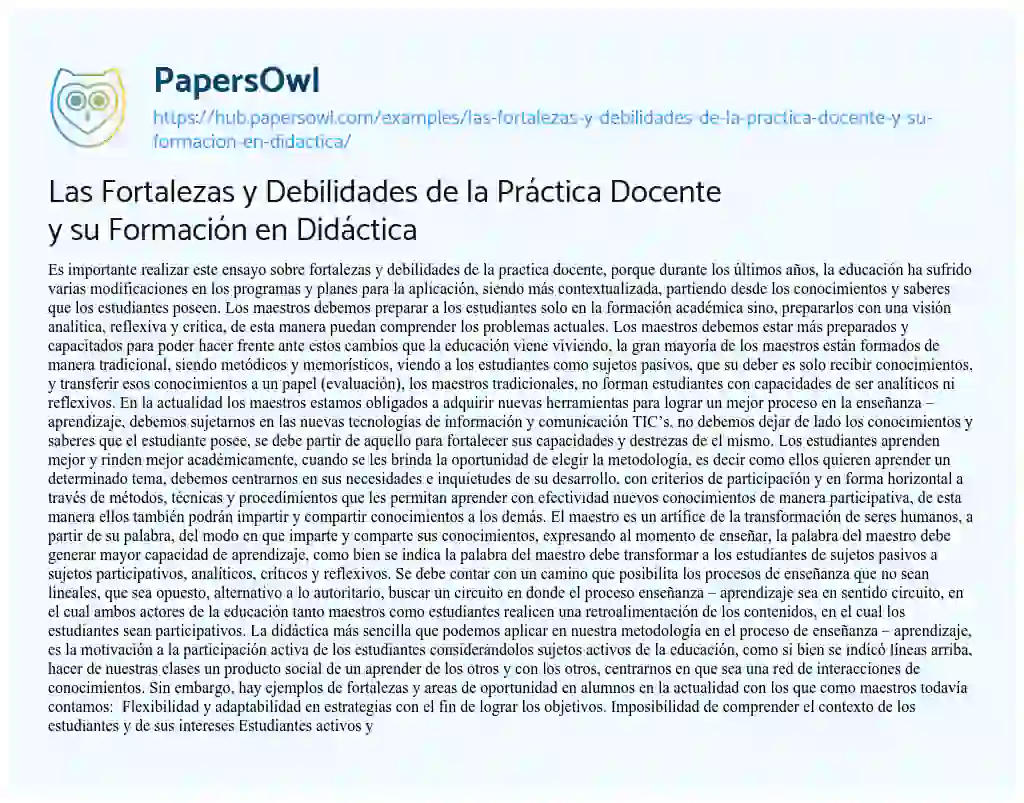 Essay on Las Fortalezas y Debilidades de la Práctica Docente y su Formación en Didáctica