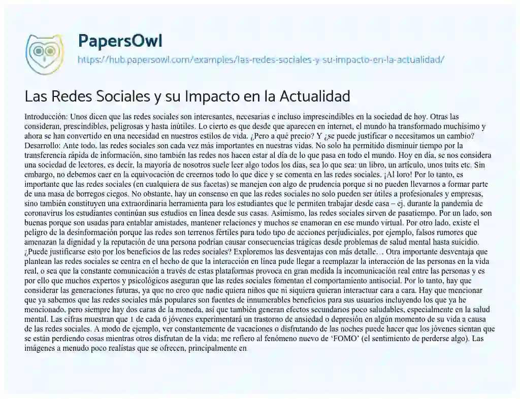 Essay on Las Redes Sociales y su Impacto en la Actualidad