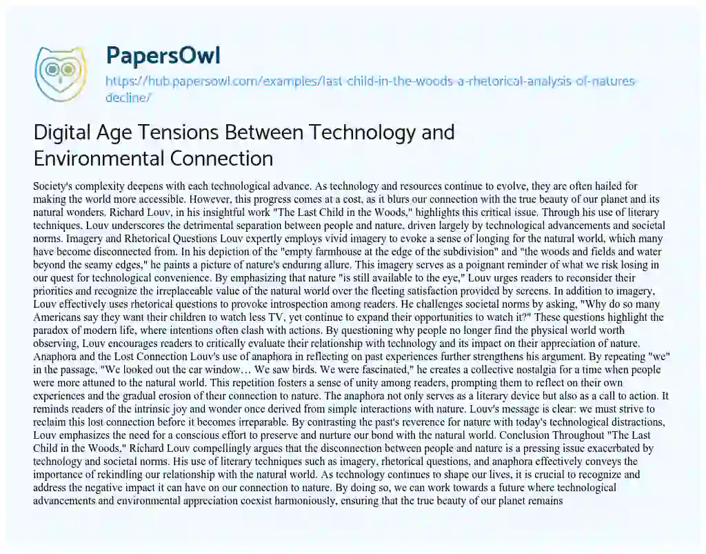 Essay on Digital Age Tensions Between Technology and Environmental Connection