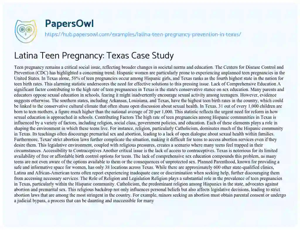 Essay on Latina Teen Pregnancy: Texas Case Study