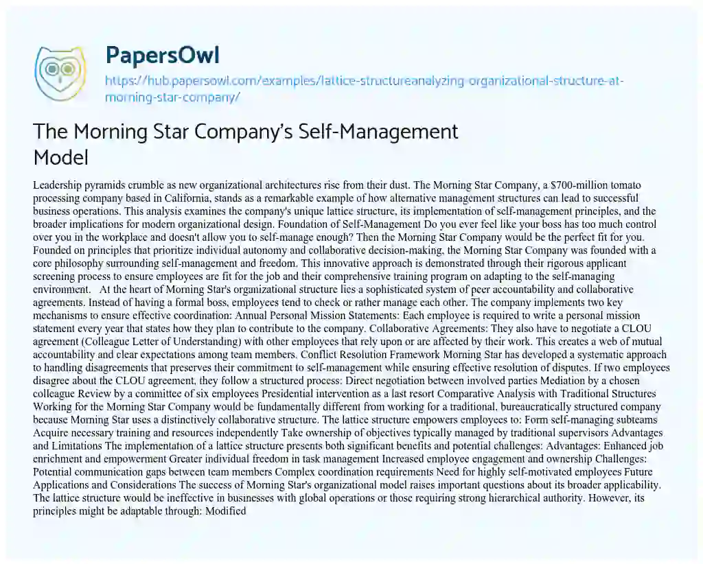 Essay on The Morning Star Company’s Self-Management Model