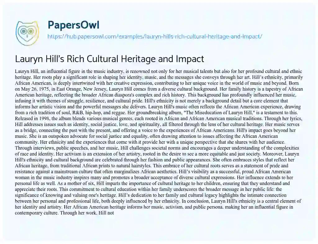 Essay on Lauryn Hill’s Rich Cultural Heritage and Impact