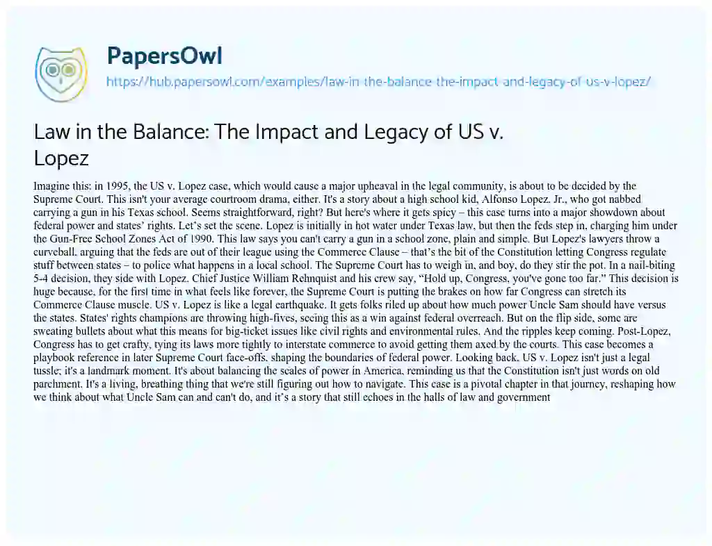 Essay on Law in the Balance: The Impact and Legacy of US v. Lopez