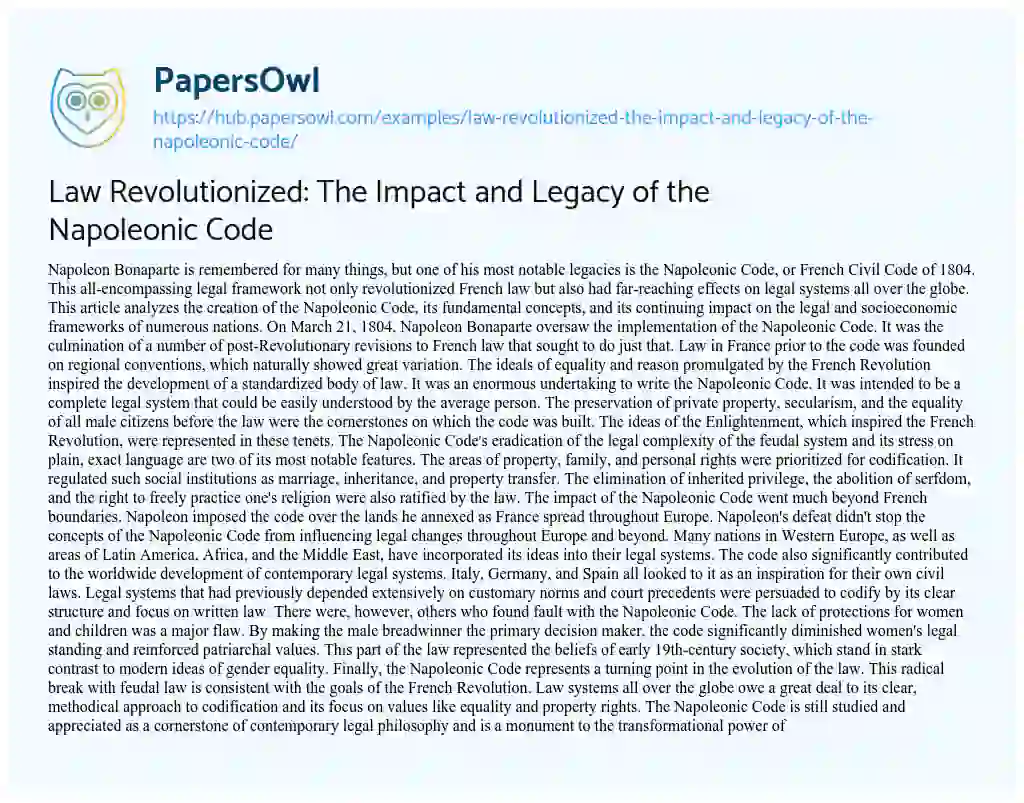 Essay on Law Revolutionized: The Impact and Legacy of the Napoleonic Code