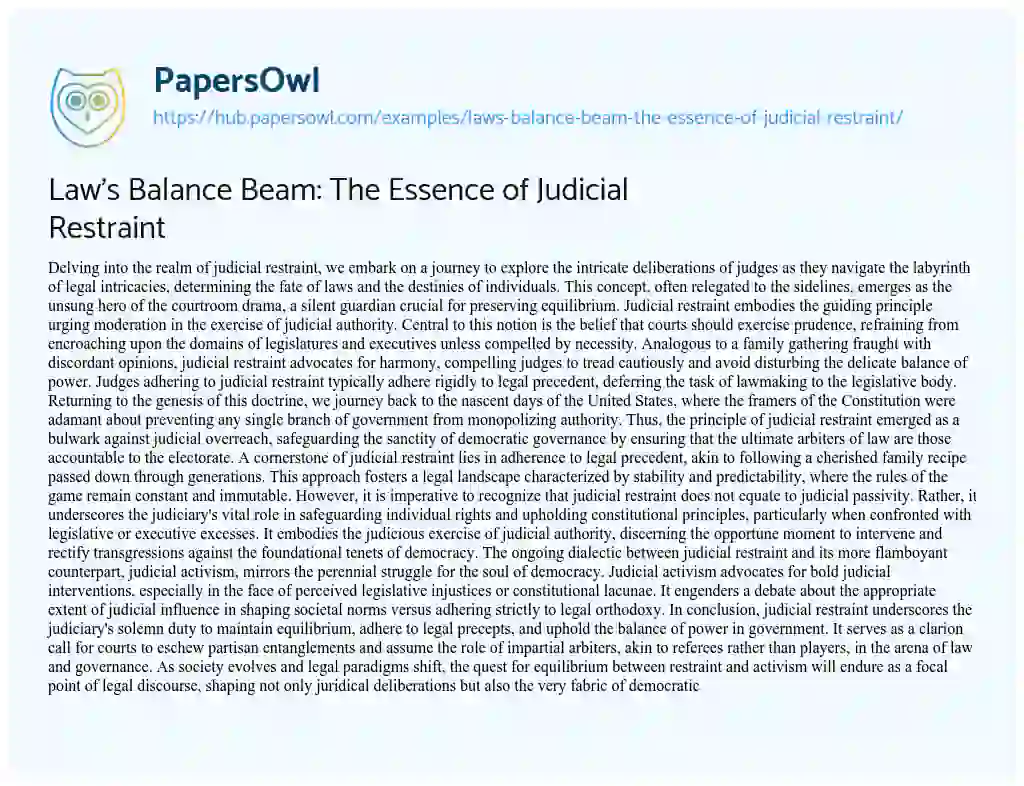 Essay on Law’s Balance Beam: The Essence of Judicial Restraint
