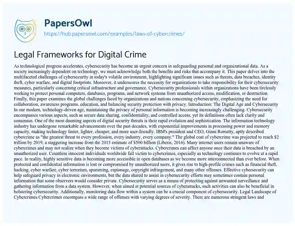 Essay on Legal Frameworks for Digital Crime