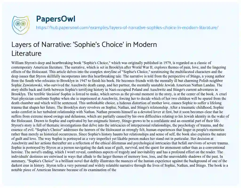 Essay on Layers of Narrative: ‘Sophie’s Choice’ in Modern Literature