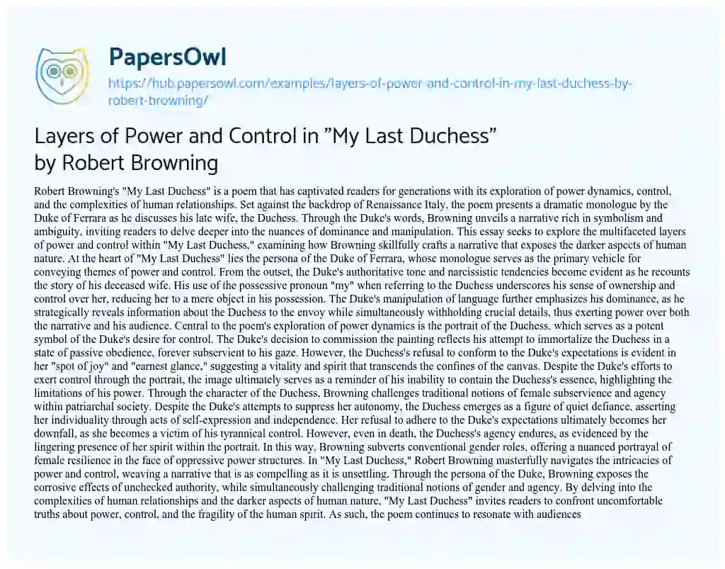 Essay on Layers of Power and Control in “My Last Duchess” by Robert Browning